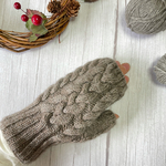 ケーブル模様のハンドウォーマー♪アルパカブラウン【アームウォーマー　指無しミトン　手袋】