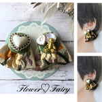 グリーン ❁ くま さんとハートボタンのインド刺繍リボンピアスorイヤリング   【固定タイプ】  / グリーン /クマ/刺繍リボン/チロリアンテープ/アシメ/ハート