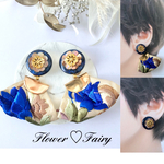 2way❁⃘天然シェルボタンカボション✖️ブルーボタンのインド 刺繍リボンのピアスor イヤリング      ボタンピアス /2way/刺繍リボン/大ぶり/貝ボタン/フラワー/青