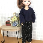 リカちゃん・服＊ネイビーのゆったりリブニット＆ドット柄パンツ