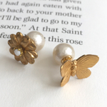 ビンテージバタフライ&フラワーピアス パールキャッチ