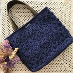 デニム調のニットバッグ☆アクリル毛糸、模様編み、ネイビー、トートバッグ