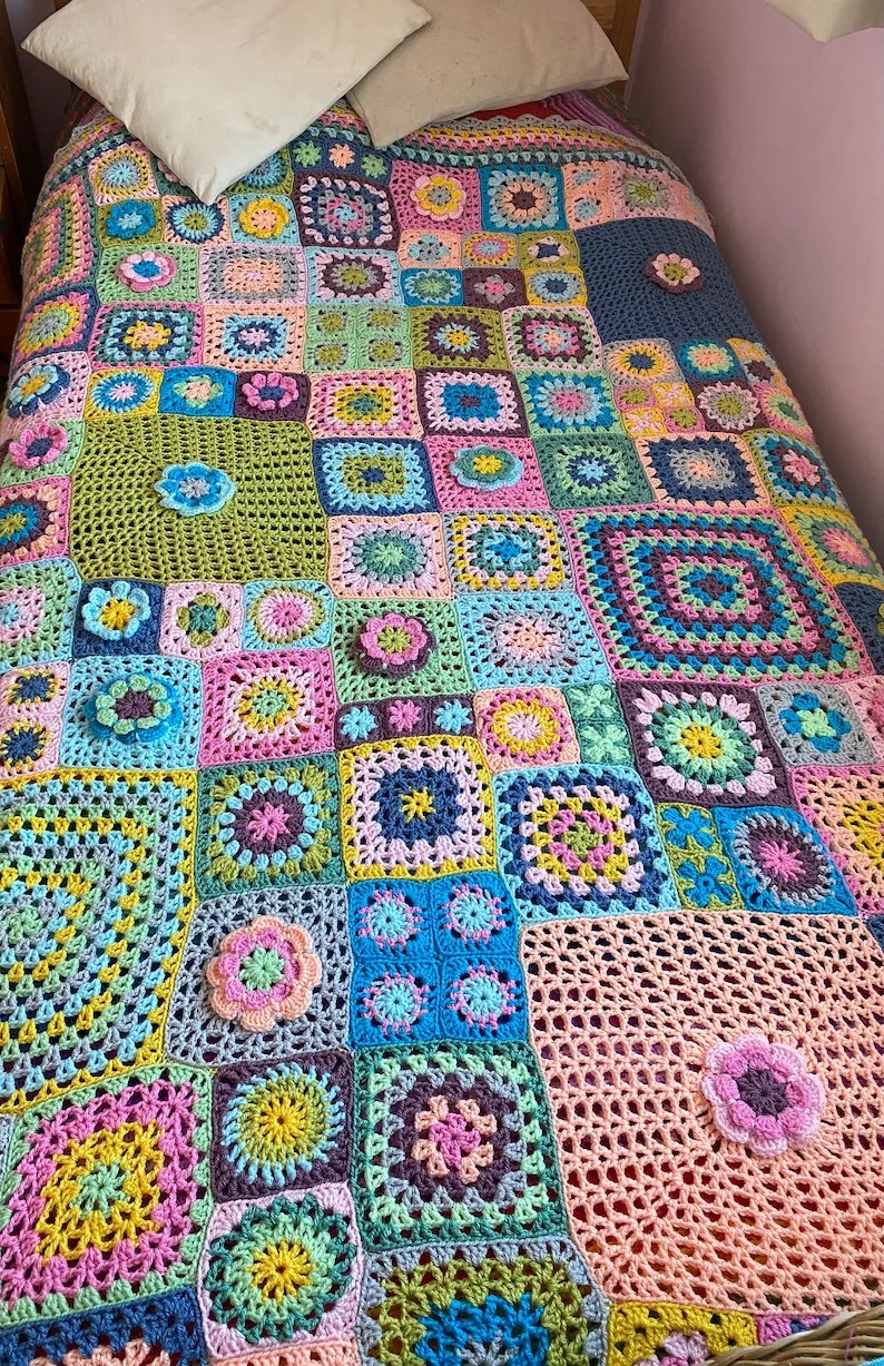 クロシェ かぎ針編み モチーフ ブランケット 北欧 花 編みもの