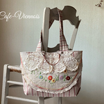 yume...様専用＊フランスアンティーク*花刺繍*大き目トートバッグ*赤ラインリネン*love&eco