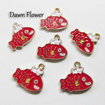 【D-0530】7pcs　魚にのったねこ　20×18mm　ホワイト＆レッド　チャーム