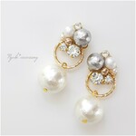 春　大ぶりパールが揺れる上品な大人ピアス　＊グレー