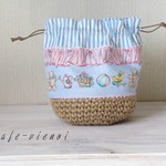 おもちゃとフリル＊まん丸 麻ひもカゴ巾着バッグ＊ショルダー＊プレゼント＊ＵＳＡコットン