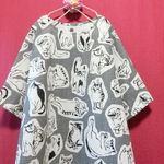 チェック×ネコ模様 ゆったりワンピース gray