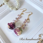 ホワイト×ワインカラーのミニ薔薇ロングピアス（送料無理）
