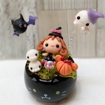 ハロウィン　黒猫ポット　ミニチュア　樹脂粘土　かぼちゃ　インテリア　ディスプレイ 