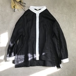 New:リネン100%:サイドスリットの切り替えブラウス