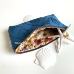 ポーチ【20×10×3cm】ネイビー × ビーチ　エンボス生地 シェル スターフィッシュ 貝殻