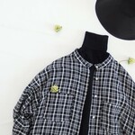 ■　コットン・レーヨン　スタンドカラー　ゆったり　チェック　ロング　シャツワンピース　長袖　黒×生成