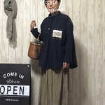 cottonリネン::ハンドワッシャーBWブラックウォッチ紺地:パッチ::ゆったりスタンドカラーシャツ::Lサイズ::長袖:クルミボタン付