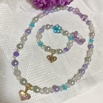 ✨再販✨🆕✨オーロラビジュー付きハートチャームのネックレス　ブレスレット　リング　3点セット　子供用✨