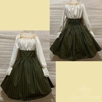 1点物*ピンストライプ 長袖 シャーリング ワンピース★モスグリーン×生成・レース(即納品)