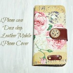 iPhone5/5sケース　手帳型 大人可愛いパールビジューつき　レトロ調　ローズ２