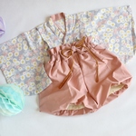 ⚫ランクイン⚫70/ふうせん袴(くすみピンク)＊スカンジナビアフラワー（グレー） 着物✧˖°⌖꙳✧˖°ベビー袴/女の子