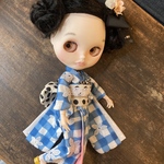 【再販】ラスト１☆ブライス　アウトフィット☆着物☆刺繍＆チェック☆ブルー☆ネオブライス☆1/6ドール着物