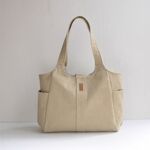 新色！すっきりトート＊春ベージュ色富士金梅8号ヴィンテージ帆布のA4も入るポケットたくさん軽いバッグ　