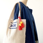 タッセル付きこぎん刺しのエコバッグ☺︎うろこ青【こぎん刺し刺繍】コットンバック☺︎トートバッグ