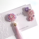 ＊つまみ細工＊ ピンク パープル 花 タッセル イヤーカフとピアスのセット＊