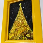 油絵 ミニ絵画額付き【黄色クリスマスツリー】