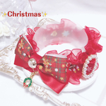首輪🎄クリスマス🎄トナカイチェックリボン♡上下シフォンレース♡リーフチャーム♡