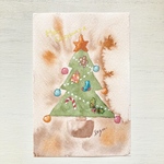 🎄透明水彩画「アンティーククリスマスツリー」北欧水彩画イラストポストカード2枚セット クリスマス　クリスマスカード🎄