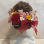 【mignonne99様 専用出品】セミオーダー pink red yellow green tulle ribbon ヘッドドレス 成人式 卒業式  髪飾り