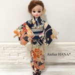 リカちゃん ハンドメイド 着物 帯 大正ロマン ネイビー