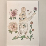 「うさぎさんとお花」動物画原画作品額装付き