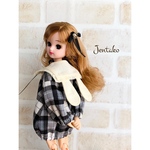 「タータンチェック黒」リカちゃんブライス服ビッグシルエットワンピース＆うさぎつけ襟