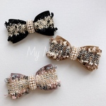 異素材mix🎀パールビジュー付きフリンジツイード×スエード風リボンのヘアアクセサリー 大人かわいい