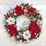No.xmas-14411★クリスマスリース　(xmasリース)   21-(3)   トナカイ＆アップル&ポインセチア　47cm・アートフラワー/造花リース/大型リース/壁掛け