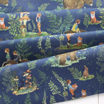 【140cm×50cm】ドイツ輸入生地　acufactum819　キノコ、フクロウ、ウサギ、キツネ森の魔法の生地グリーン