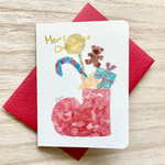 🎄透明水彩画　2枚セット「クリスマスブーツ(ちぎり絵) 」ミニクリスマスカード　イラスト　クリスマス　クリスマスギフト　プチギフト クマ　くま　クリスマスカード　クリスマス🎄