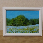 油絵原画『青い花畑』　額縁付き