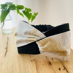 USAコットン☁︎大人クロスヘアバンド☁︎金箔フェザー柄/ホワイト×裏に黒無地