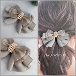 フリルが可愛い♡ライン入りオーガンジーリボンのミニフレアヘアアクセ　グレー