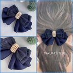 フリルが可愛い♡ライン入りオーガンジーリボンのミニフレアヘアアクセ　ネイビー