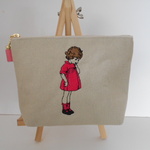ピンク可愛いフランスの女の子刺繍の帆布のポーチ　20㎝