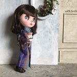 ブライスアウトフィット 秋の街着ブルー系着物　小鳥小紋　ドール服　リカちゃん