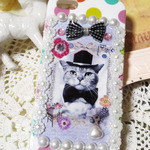 iphone５ケース☆男爵ネコ水玉パールデコ☆シリコン軽量