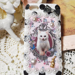 iphone５ケース☆白ネコ水玉パールデコ☆シリコン軽量★