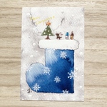  🎄「青いクリスマスブーツ」北欧水彩画イラストポストカード2枚セット クリスマスカード クリスマスツリー　クリスマス🎄