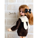 「茶ドット×オフホワイト襟」リカちゃんブライス服ビッグシルエットワンピース＆うさぎつけ襟
