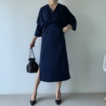 ギャザードルマンスリーブワンピース 紺色 ポンチ素材  膝丈 カシュクール 授乳用