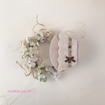 💓ミルクティーベージュ播州織と国産ダブルガーゼで作った立体マスク　幅広ベージュお花刺繍コットンレース&ローズ柄リボン　ビターチョコリボン　ポケットタイプ