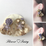 お花ボタンとインド刺繍リボンのピアスorイヤリング  パープル/2way/アシンメトリー/ボタンピアス/ボタンイヤリング/刺繍リボン